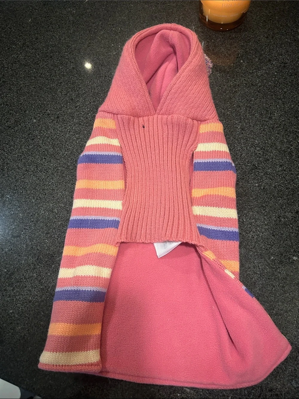 Pink Striped Knit Dog Sweater with Pom-Pom Hood